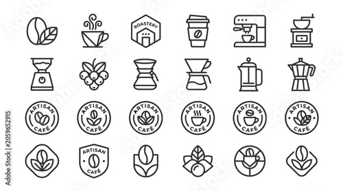 Collection of Line Art Coffee Icons Featuring Brewing Equipment and Cafe Symbols for Design Projects