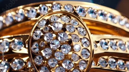 Gold ring with diamonds shines on sparkling background in close-up view