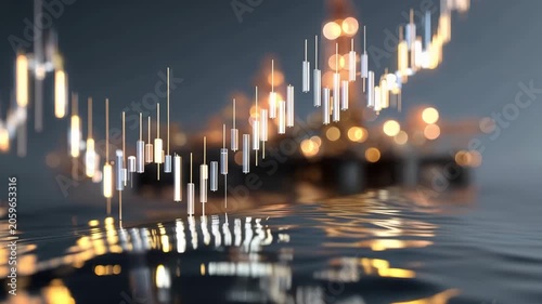 Market trends show rising energy prices at offshore oil rigs in the ocean during evening hours with reflections on the water