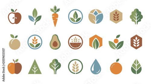 Set of minimal organic food and nature icons for eco-friendly branding and logo design