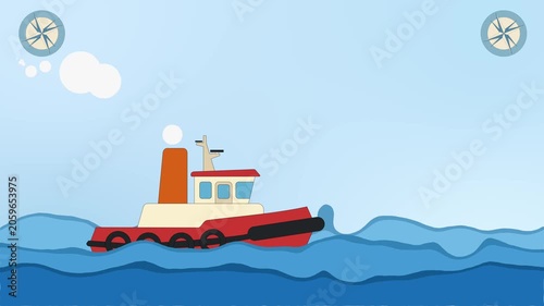 Tugboat Sailing on Ocean Waves Animation