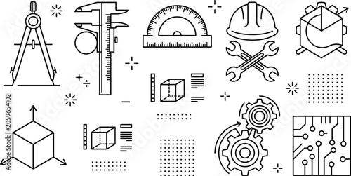 Tableau sur toile Engineering and technical drawing line icon set featuring caliper protractor com