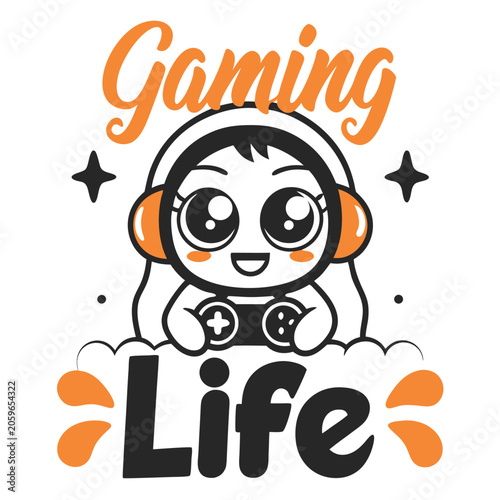 Cute Cartoon Gamer Girl Design with Gaming Life Message