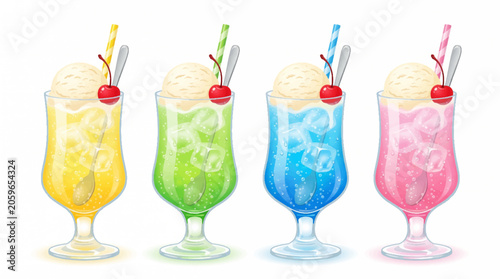 Photos Colorful Retro Ice Cream Soda Float Set Featuring Four Fruit Flavors with Vanill
