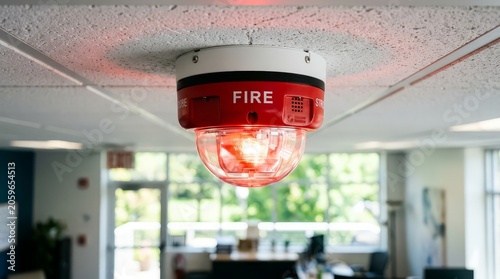 Red fire alarm strobe light mounted on white acoustic ceiling in office