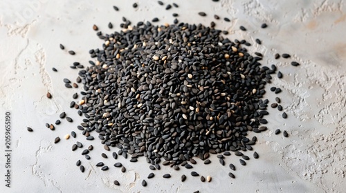 Black sesame seeds pile on light grey top down