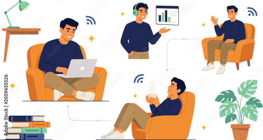 Fototapeta premium Young Man Freelancing and Working Remotely Vector Character Set Featuring Online Meetings Data Analysis Video Calls and Comfortable Home Office Scenes