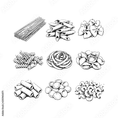 Schilderij op canvas Simple hand drawn various italian pasta sketch clip art, engraved traditional fo