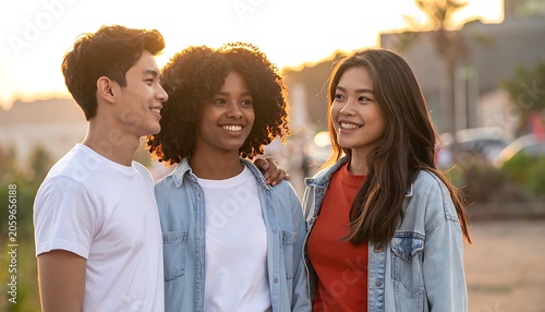 Three friends smiling together outdoors happily.