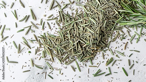 Dried crushed rosemary scattered on white top down