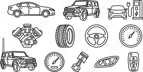Foto Car and automotive line icon set featuring vehicles electric charging engine tir