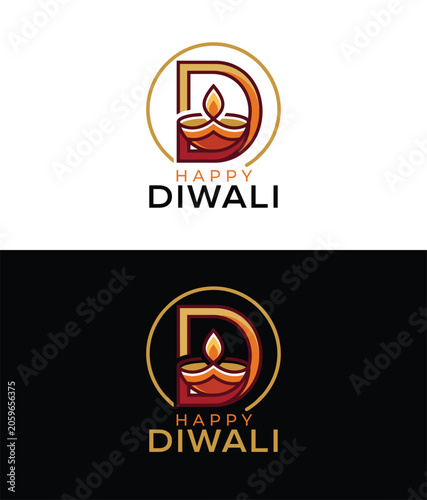 Happy Diwali Festival Logo Design Featuring Capital Letter D and a Traditional Diya Oil Lamp on White and Black Backgrounds