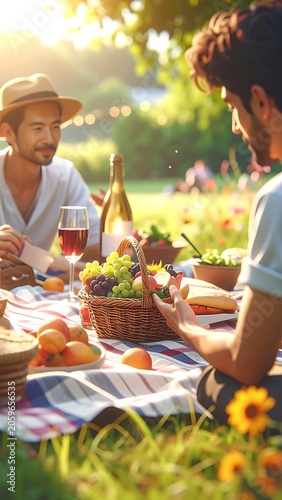 Two men enjoying outdoor picnic together.