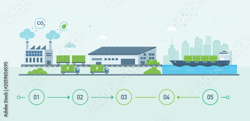 Green supply chain with low carbon logistics, electric delivery trucks, shipping port and sustainable transport for clean industry