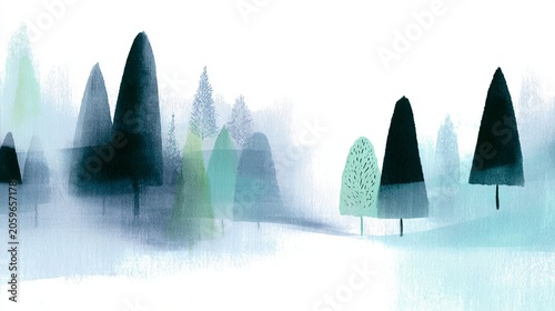 Sumi-e ink wash style simple geometric trees in misty forest cle