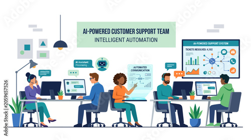 AI Powered Customer Support Team Working in Modern Office with Intelligent Automation and Digital Assistance