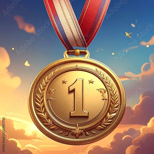 Golden medal with the number one and a red, white, and blue ribbon
