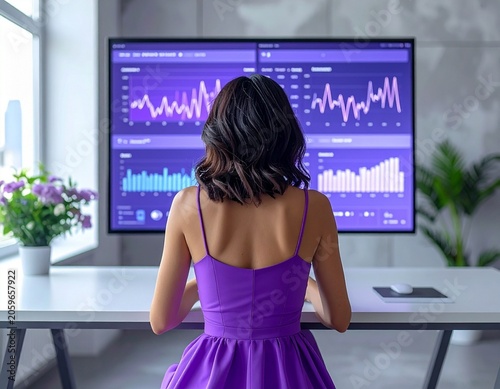 a professional brunette woman with short hair wearing a purple summer dress sitting at the desk in a modern office with a large virtual dashboard, back view