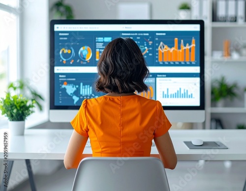 a professional brunette woman with short hair wearing an orange summer dress sitting at the desk in a modern office with a large virtual dashboard, back view