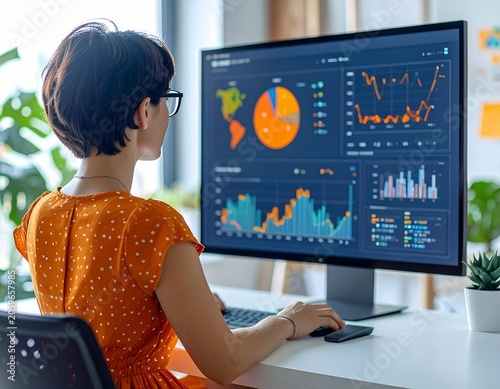 a professional brunette woman with short hair wearing an orange summer dress sitting at the desk in a modern office with a large virtual dashboard, back view