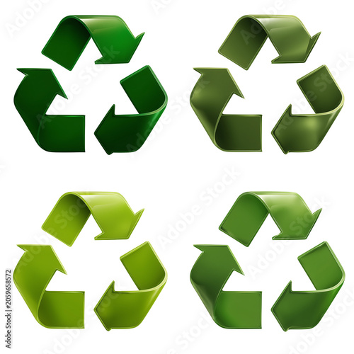 Set of four 3d glossy green recycling symbols isolated on white background