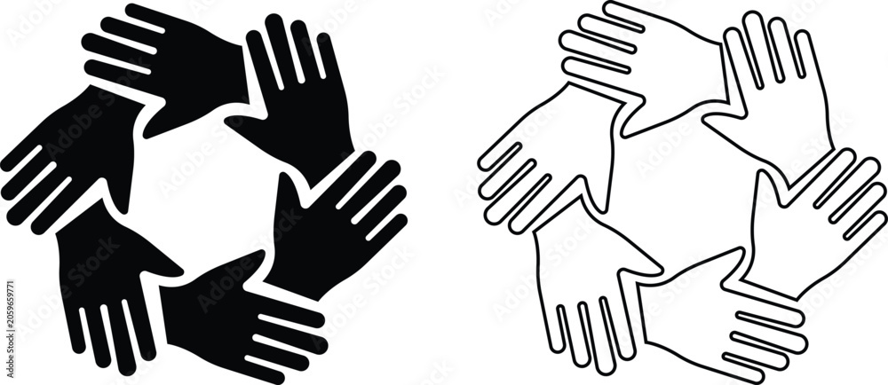 Fototapeta premium Community Support Unity Hands Icons Set Collection Group, Teamwork Cooperation Collaboration Partnership Symbols Bundle, Black Flat and Line Style Vector Pack, Volunteer Network Design