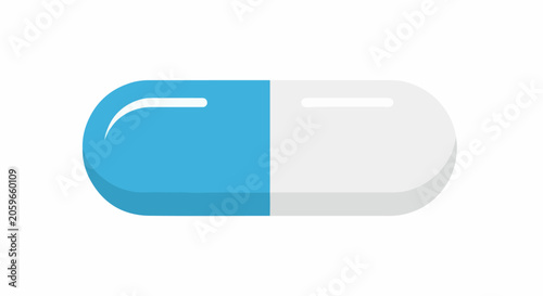 A simple illustration of a pharmaceutical capsule, half blue, half white, with subtle shading