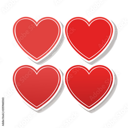 Four Red Hearts in Flat Design on White Background