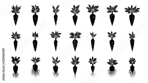 Collection of stylized black and white root vegetable silhouettes arranged in rows