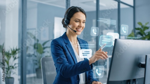 Smiling female call center operator working with communication interface.