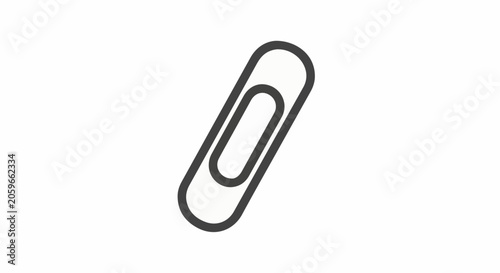 A simple, bold, dark gray outline of a single paperclip is centrally positioned against a stark white background, angled slightly