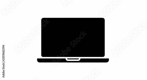 A simple black silhouette of an open laptop computer on a white background