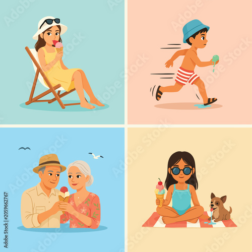 Four illustrated women in swimwear, yoga poses, and beach activities, colorful woman female girl lady