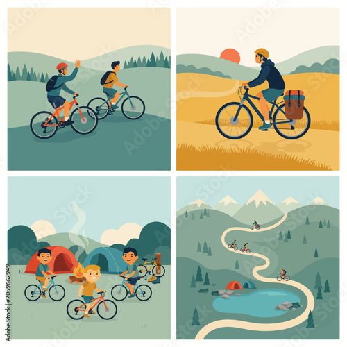Four vibrant of children cycling in different outdoor settings bicycle kid on bike outdoor activity summer