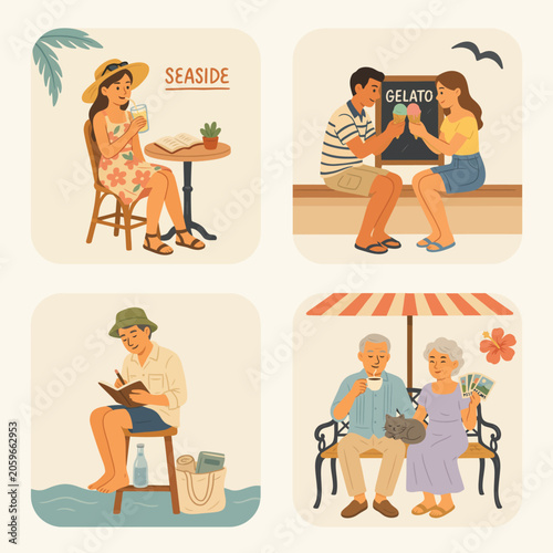 Four vintage-style of people enjoying summer activities: seaside, gelato, fishing, and family beach day