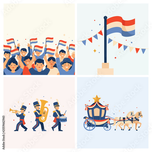 Four vibrant depicting teamwork, leadership, and celebration themes with geometric shapes collaboration