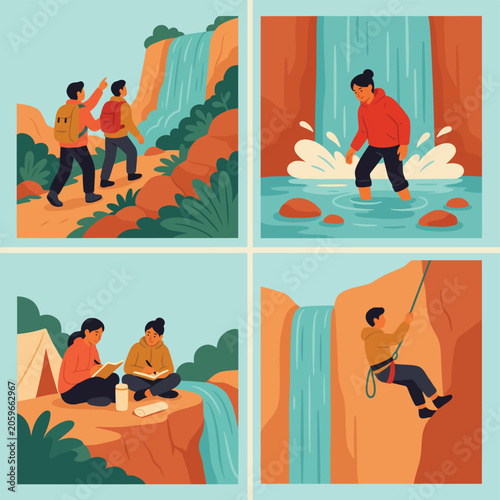 Four-panel cartoon of people enjoying beach activities, surfing, swimming, and relaxing ocean waves