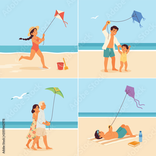 Four women in swimsuits flying kites on a sunny beach woman