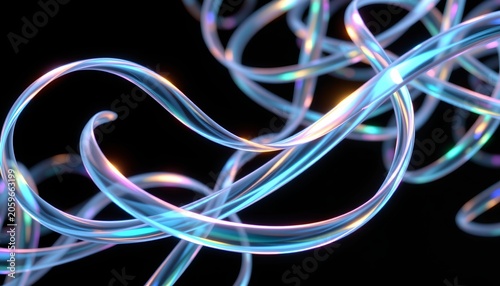The image features numerous glowing, multicolored light streaks twisting and intertwining against a dark background