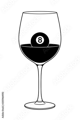 Photos An 8-ball floating inside a wine glass, symbolizing chance, luck, and unpredictability in a minimalist conceptual illustration