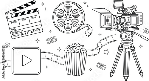 Konstfotografi Cinema and movie production line icon set with video camera tripod clapperboard