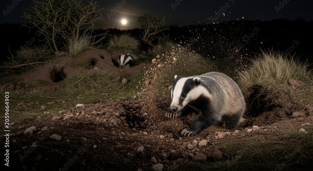 Obraz premium European badger digging in the earth under a bright full moon