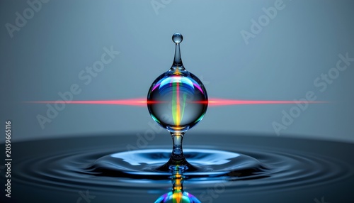 A close up of a water droplet captured in mid splash, creating a symmetrical shape with a thin, elongated neck and a spherical crown at the top