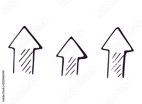 Hand drawn set of three upward arrows in doodle style on white background