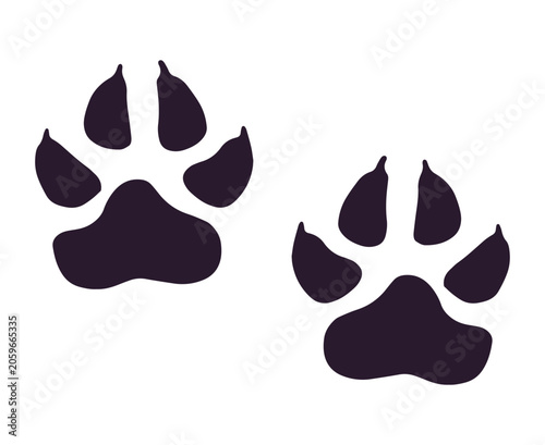 Wolf or dog paw print silhouettes with claws on white background