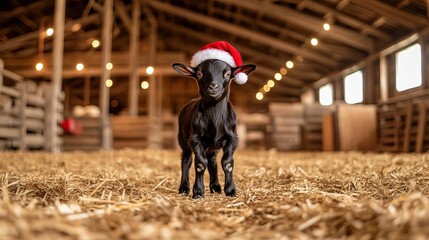 Adorable baby goat wearing a festive Santa hat in a cozy indoor classic farm setting background