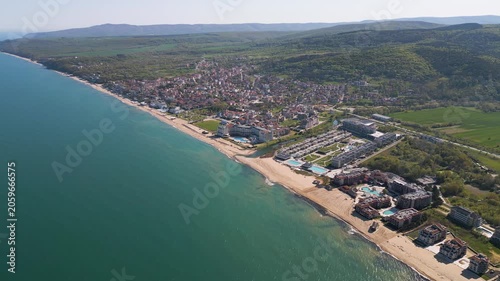 Aerial panorama of Obzor beach resort town on the Black Sea coast, Bulgaria
