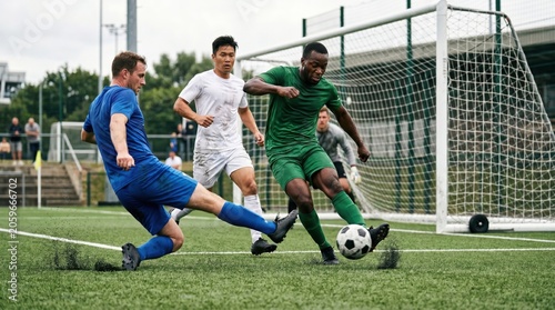 Soccer player in green uniform dribbling ball past opponent on field. Diverse team men competing during match. Professional sport action, athletic training and teamwork fitness concept.