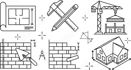 Architecture and home construction line icon set with blueprint drafting ruler pencil crane trowel brick wall dimension model
