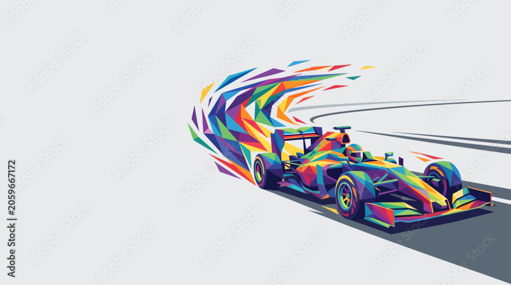 Naklejka premium Vibrant abstract race car speeding on a track, leaving a colorful geometric trail, symbolizing speed and dynamic motion.